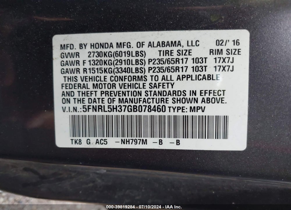 2016 HONDA ODYSSEY SE VIN: 5FNRL5H37GB078460