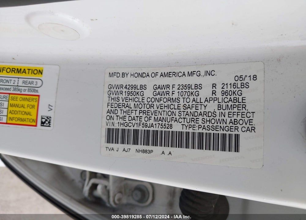 2018 HONDA ACCORD EX-L VIN: 1HGCV1F59JA175528