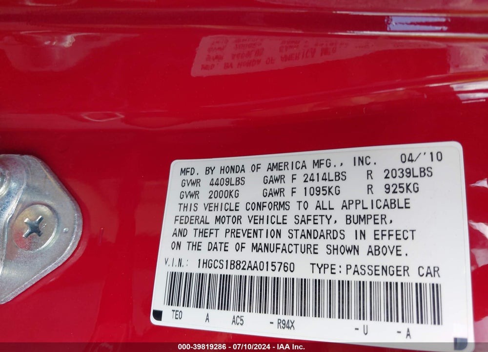 2010 HONDA ACCORD 2.4 EX-L VIN: 1HGCS1B82AA015760
