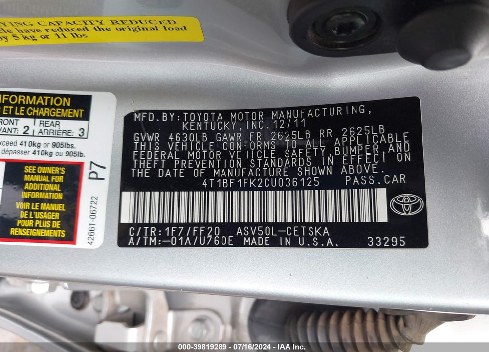 2012 TOYOTA CAMRY SE VIN: 4T1BF1FK2CU036125