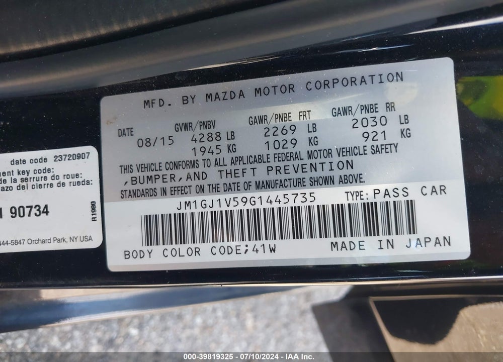 2016 MAZDA 6 I TOURING VIN: JM1GJ1V59G1445735
