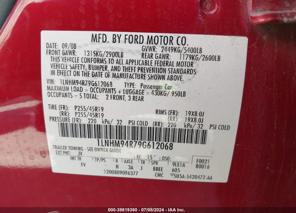 2009 LINCOLN MKS VIN: 1LNHM94R79G612068