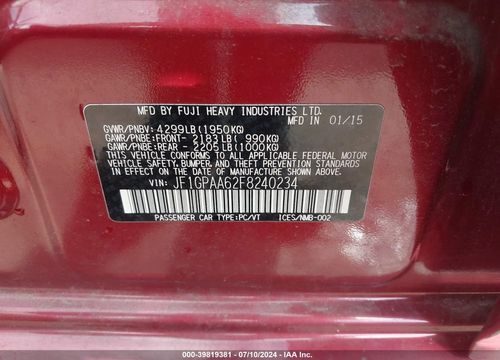2015 SUBARU IMPREZA 2.0I VIN: JF1GPAA62F8240234