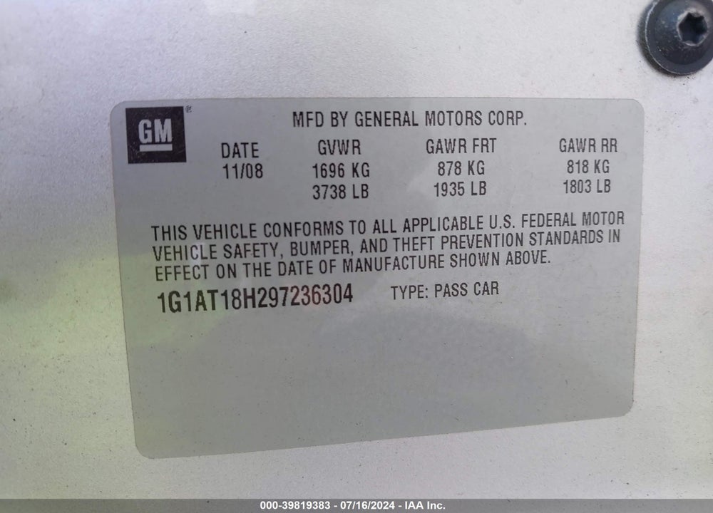2009 CHEVROLET COBALT LT VIN: 1G1AT18H297236304
