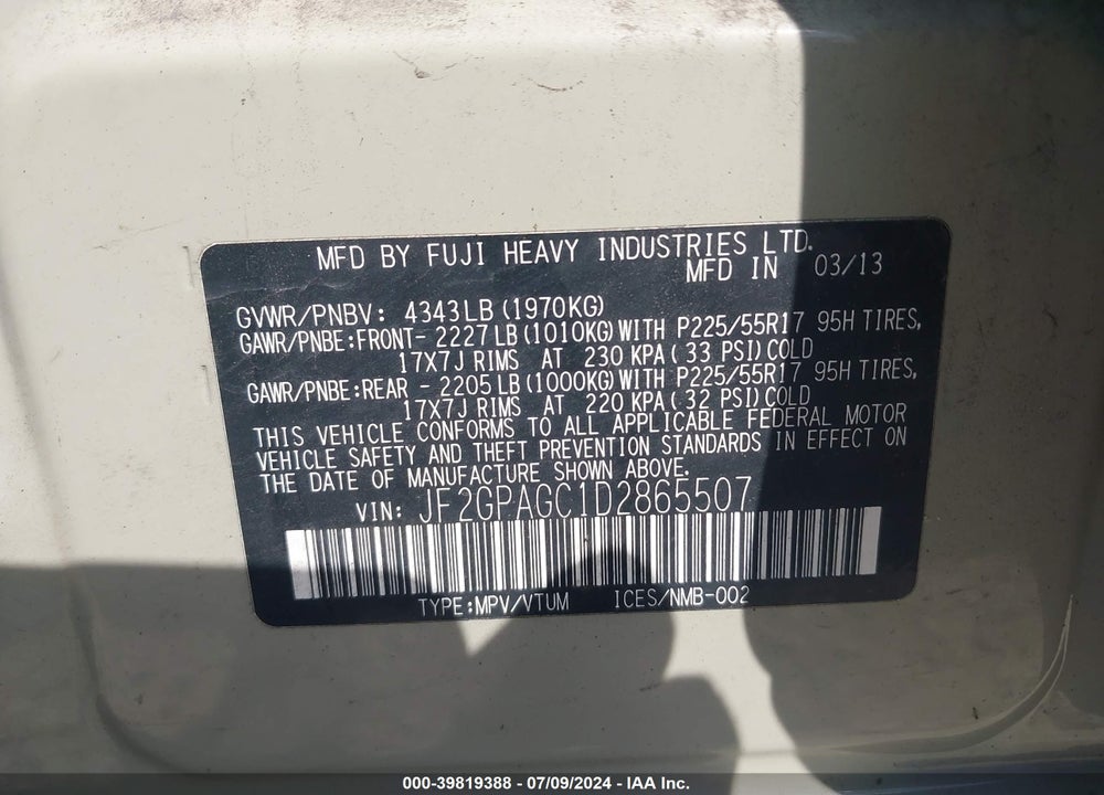 2013 SUBARU XV CROSSTREK 2.0I LIMITED VIN: JF2GPAGC1D2865507