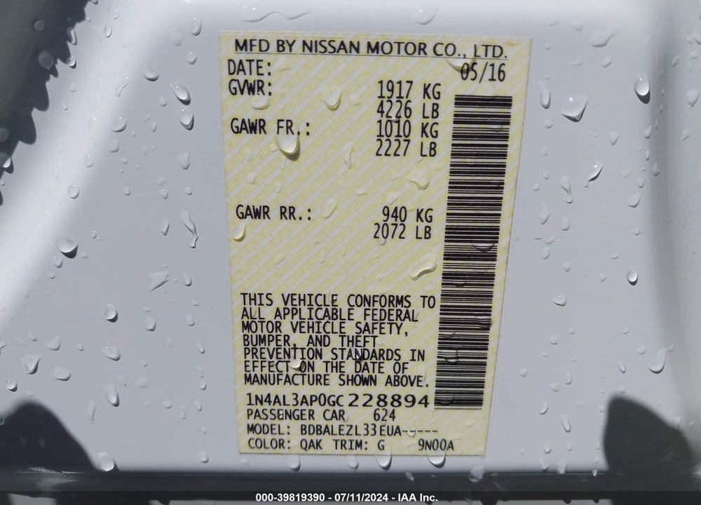 2016 NISSAN ALTIMA 2.5/2.5 S/2.5 SL/2.5 SR/2.5 SV VIN: 1N4AL3AP0GC228894