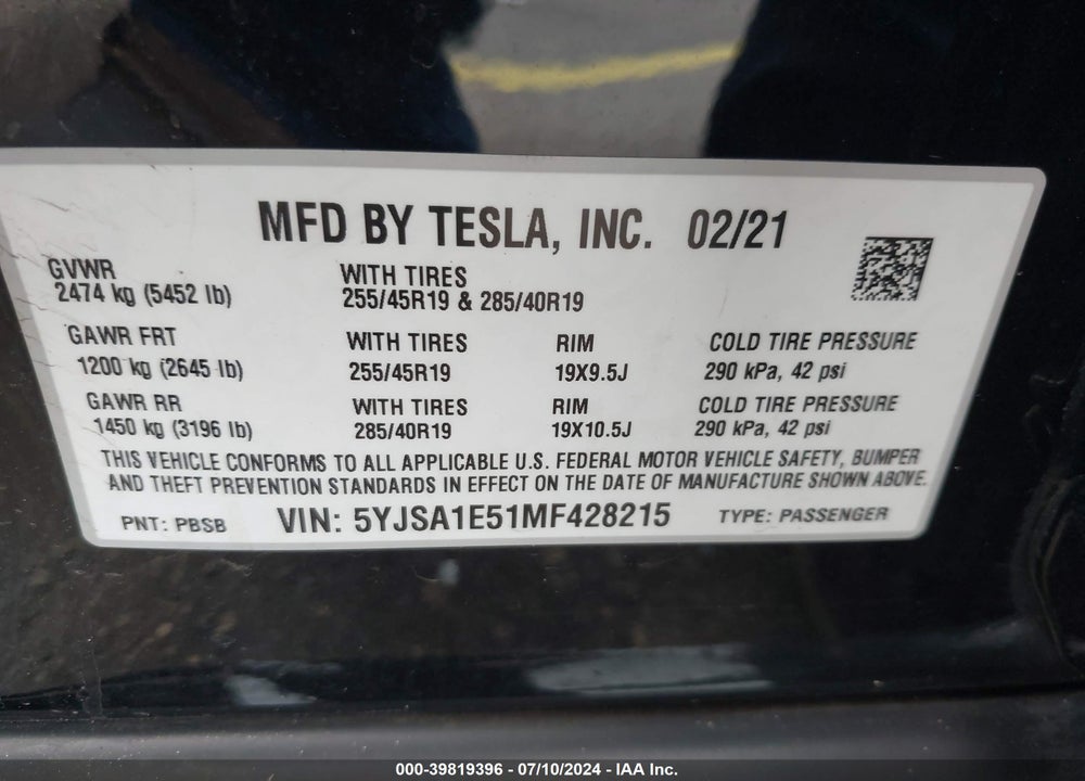 2021 TESLA MODEL S LONG RANGE DUAL MOTOR ALL-WHEEL DRIVE VIN: 5YJSA1E51MF428215