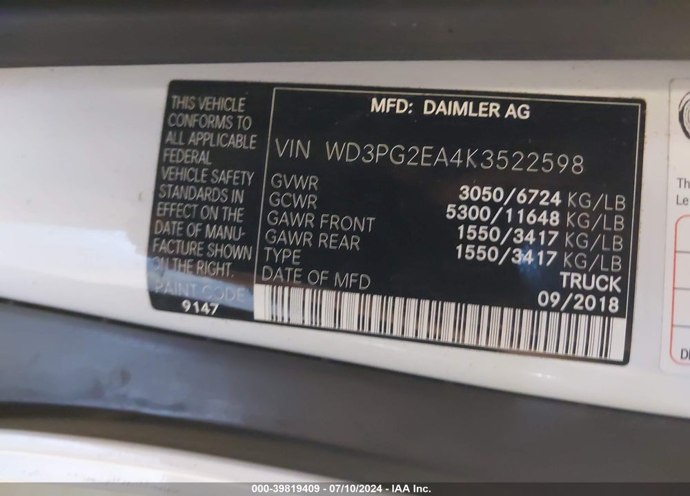 2019 MERCEDES-BENZ METRIS VIN: WD3PG2EA4K3522598