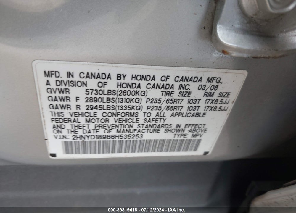 2006 ACURA MDX VIN: 2HNYD18986H535253