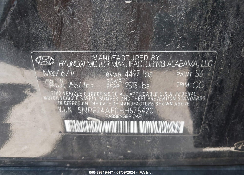 2017 HYUNDAI SONATA SE VIN: 5NPE24AF0HH575420