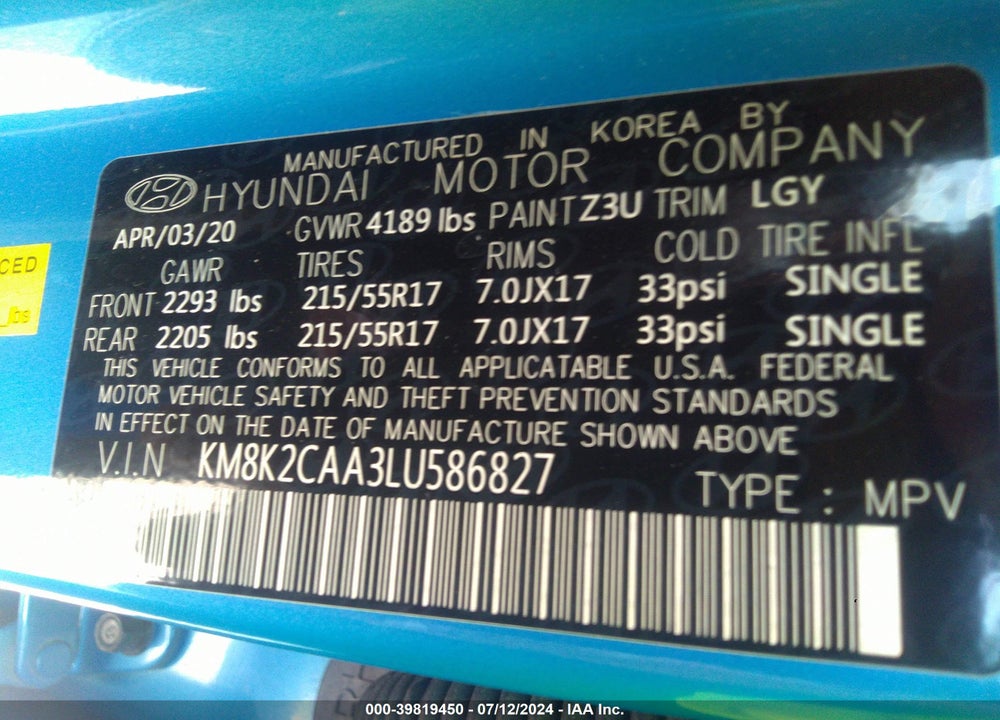 2020 HYUNDAI KONA SEL VIN: KM8K2CAA3LU586827