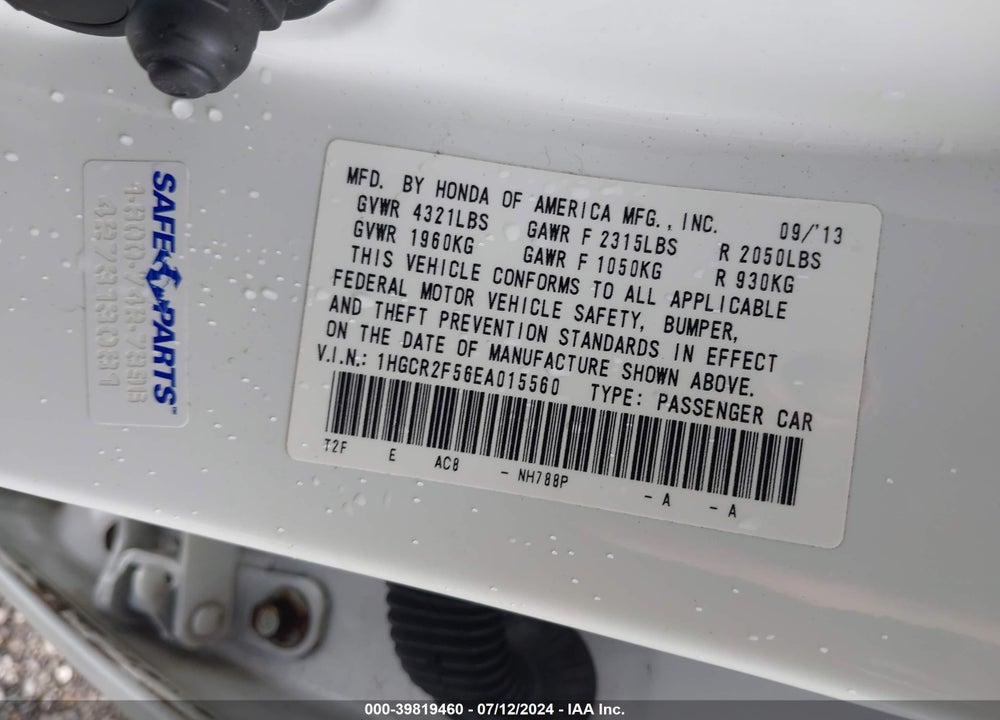 2014 HONDA ACCORD VIN: 1HGCR2F56EA015560