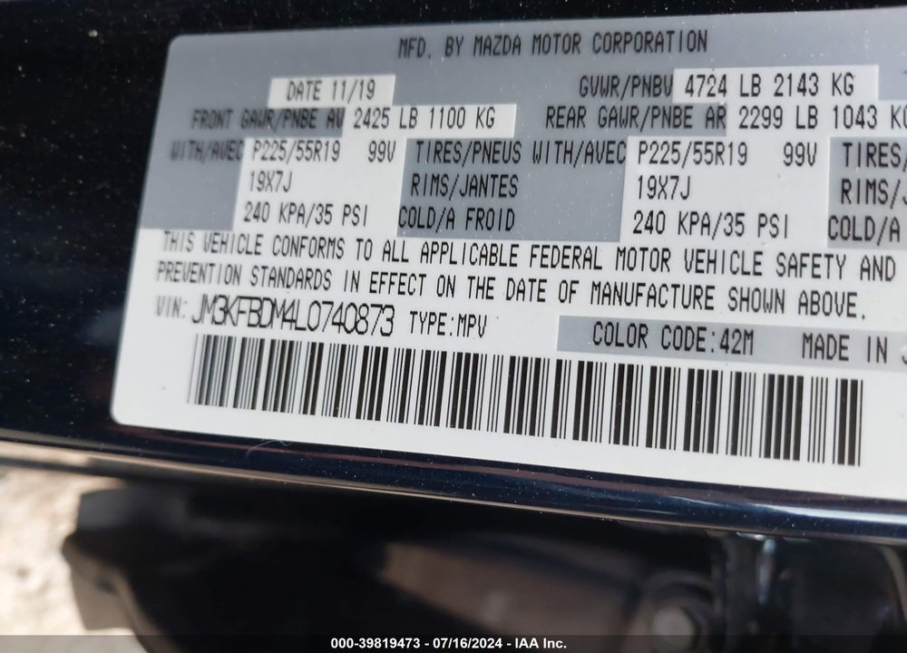 2020 MAZDA CX-5 GRAND TOURING VIN: JM3KFBDM4L0740873