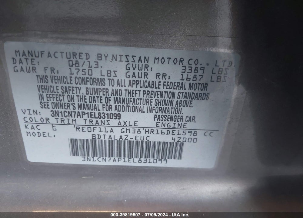 2014 NISSAN VERSA 1.6 S+ VIN: 3N1CN7AP1EL831099