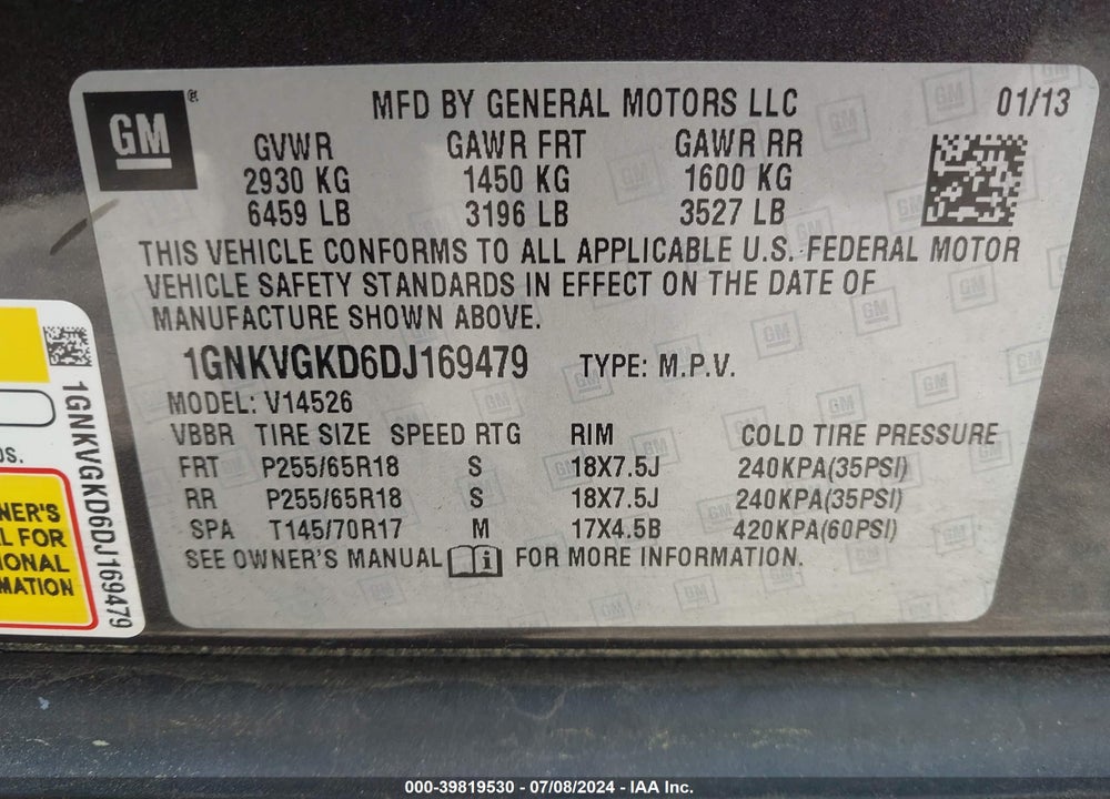 2013 CHEVROLET TRAVERSE 1LT VIN: 1GNKVGKD6DJ169479