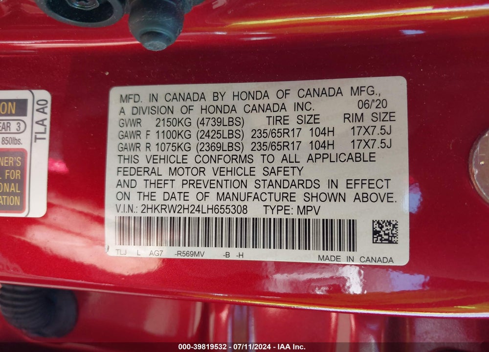 2020 HONDA CR-V AWD LX VIN: 2HKRW2H24LH655308