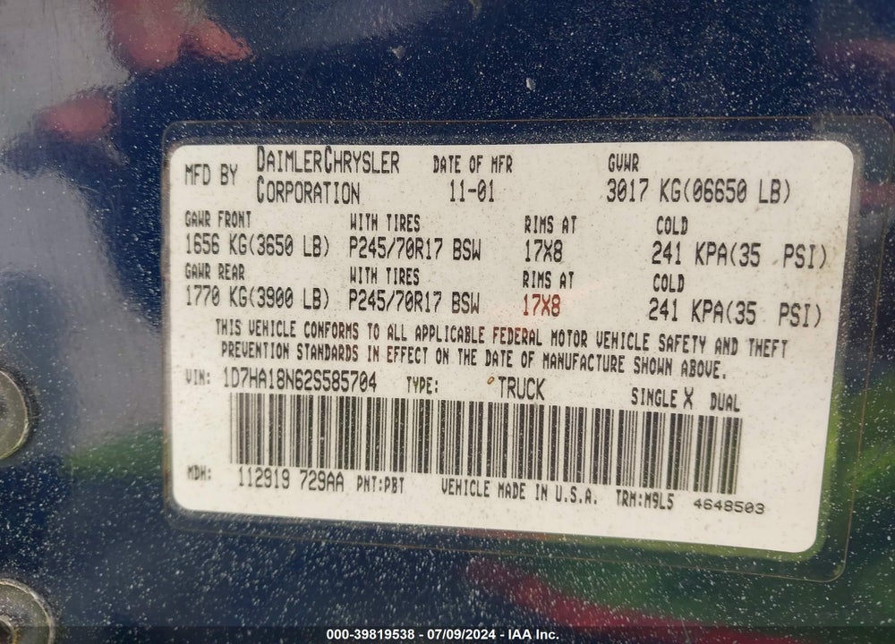 2002 DODGE RAM 1500 VIN: 1D7HA18N62S585704