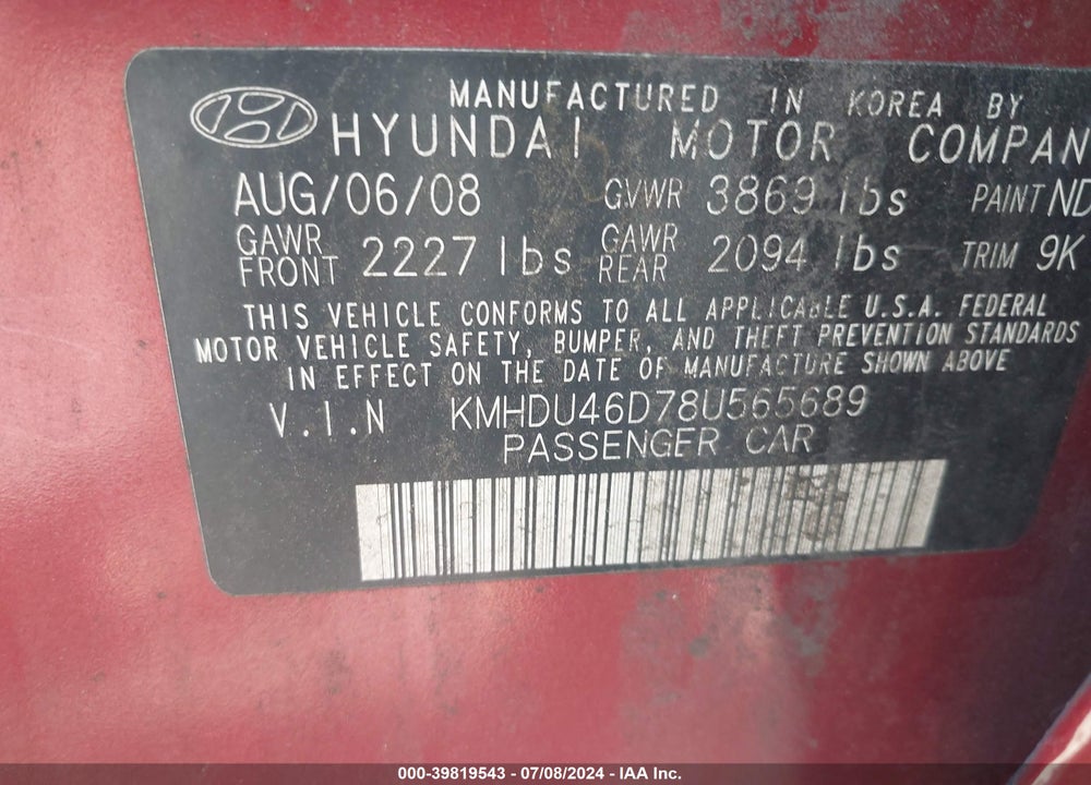 2008 HYUNDAI ELANTRA GLS/SE VIN: KMHDU46D78U565689