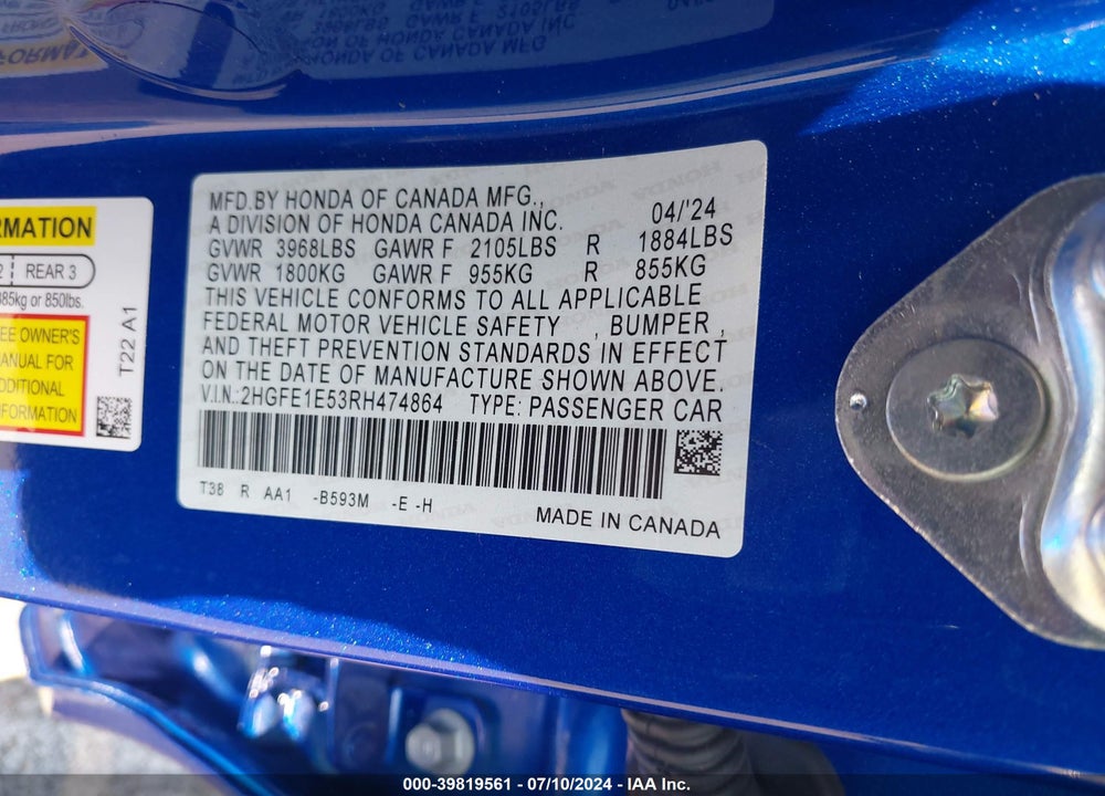 2024 HONDA CIVIC SI SEDAN VIN: 2HGFE1E53RH474864