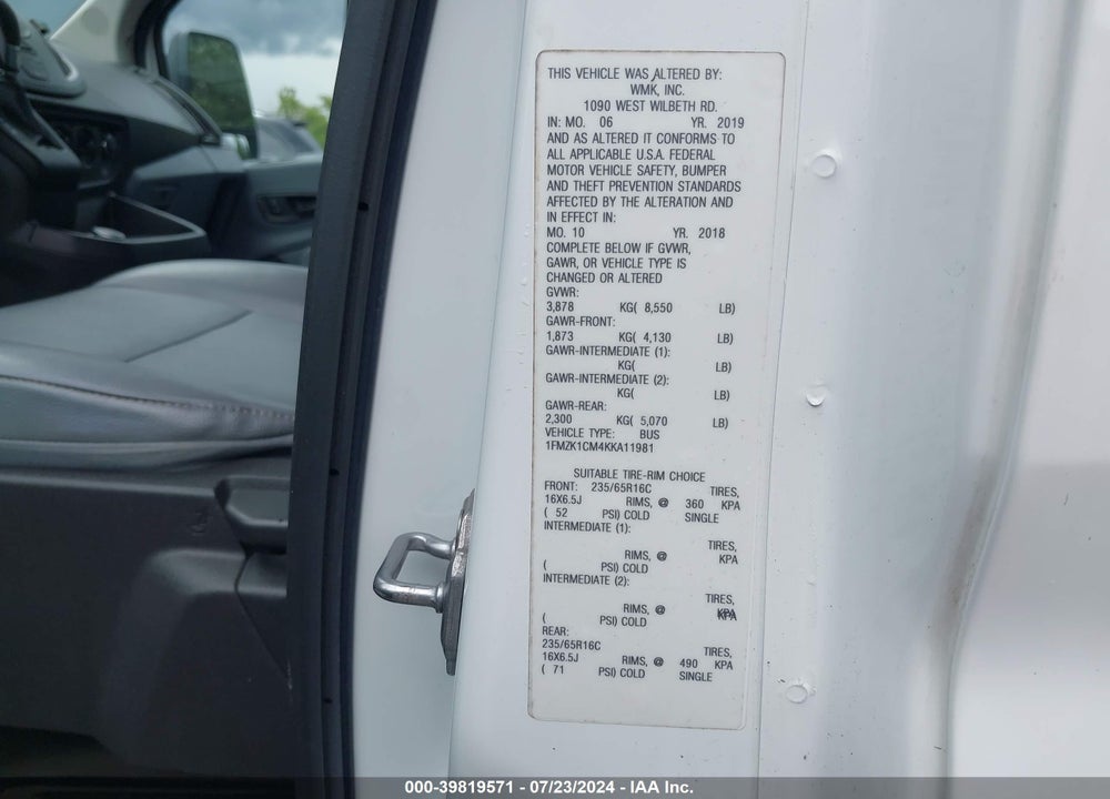 2019 FORD TRANSIT-150 XL VIN: 1FMZK1CM4KKA11981