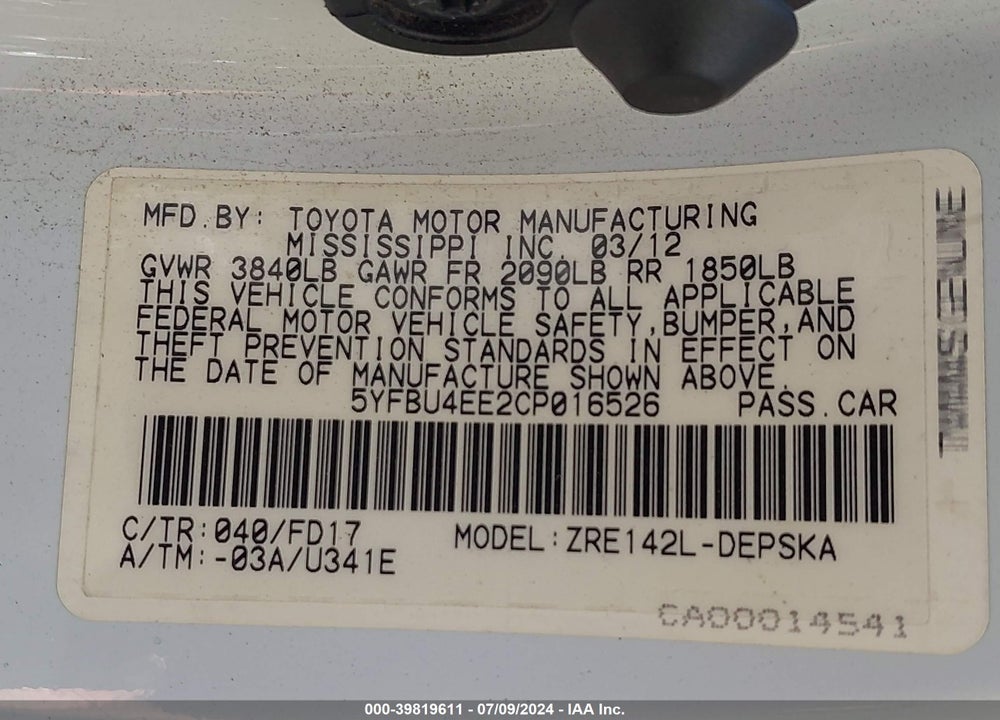 2012 TOYOTA COROLLA S VIN: 5YFBU4EE2CP016526