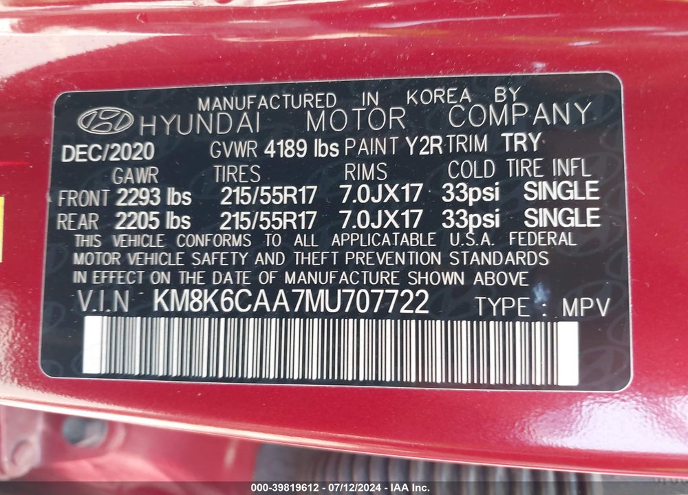 2021 HYUNDAI KONA SEL PLUS VIN: KM8K6CAA7MU707722