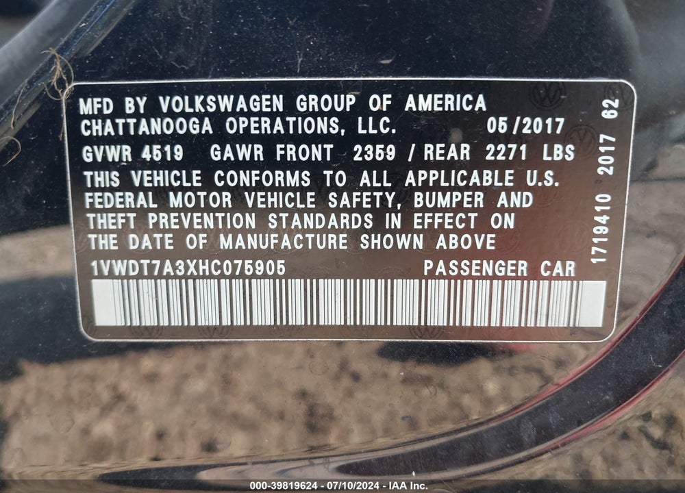 2017 VOLKSWAGEN PASSAT 1.8T R-LINE VIN: 1VWDT7A3XHC075905