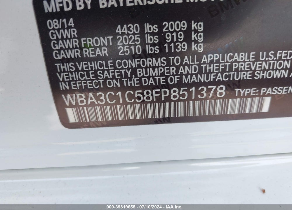 2015 BMW 328I VIN: WBA3C1C58FP851378