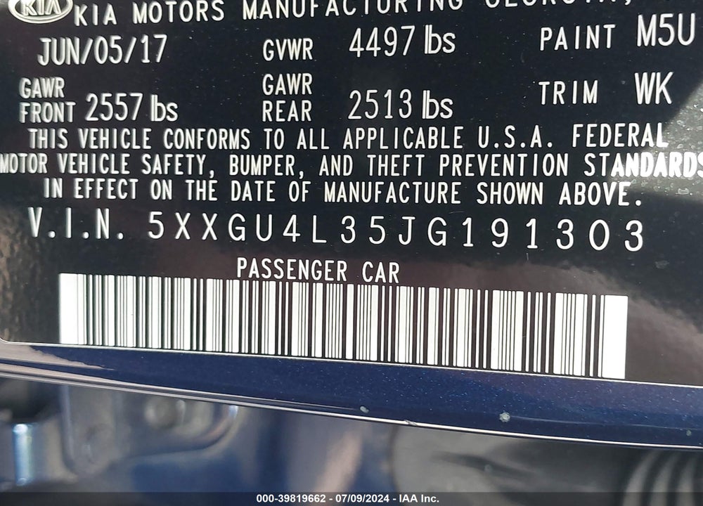 2018 KIA OPTIMA EX VIN: 5XXGU4L35JG191303