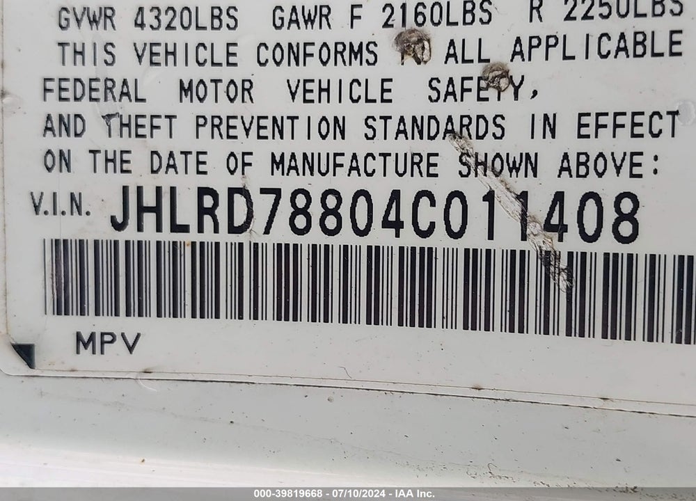 2004 HONDA CR-V EX VIN: JHLRD78804C011408