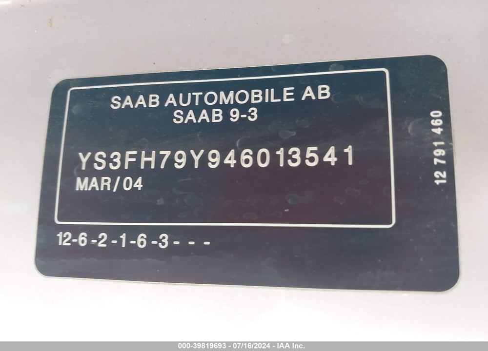 2004 SAAB 9-3 AERO VIN: YS3FH79Y946013541