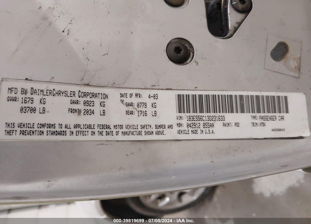 2003 DODGE NEON SXT VIN: 1B3ES56C13D231633