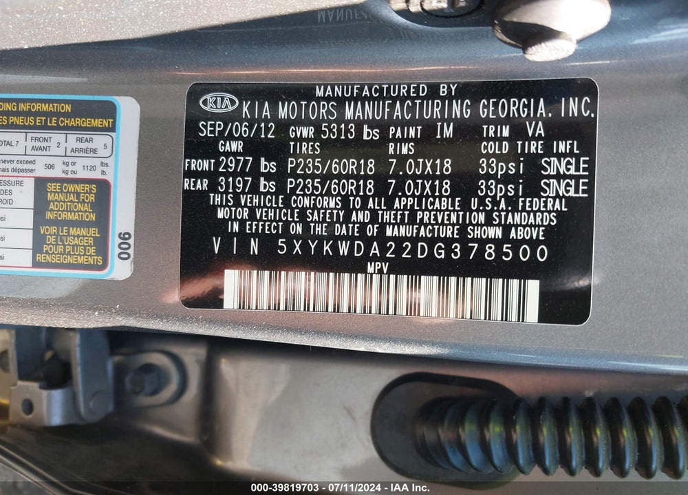 2013 KIA SORENTO SX V6 VIN: 5XYKWDA22DG378500