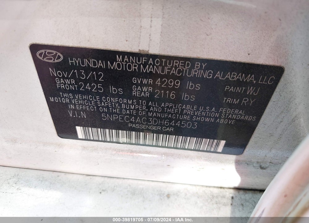 2013 HYUNDAI SONATA SE VIN: 5NPEC4AC3DH644503