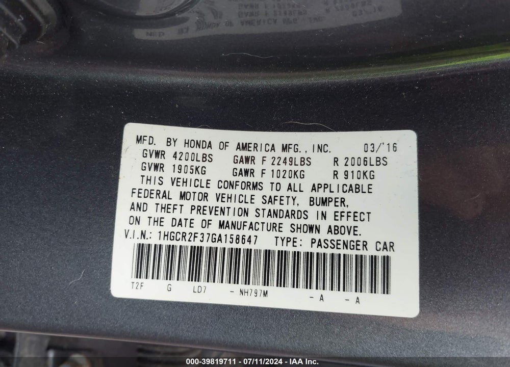 2016 HONDA ACCORD LX VIN: 1HGCR2F37GA158647