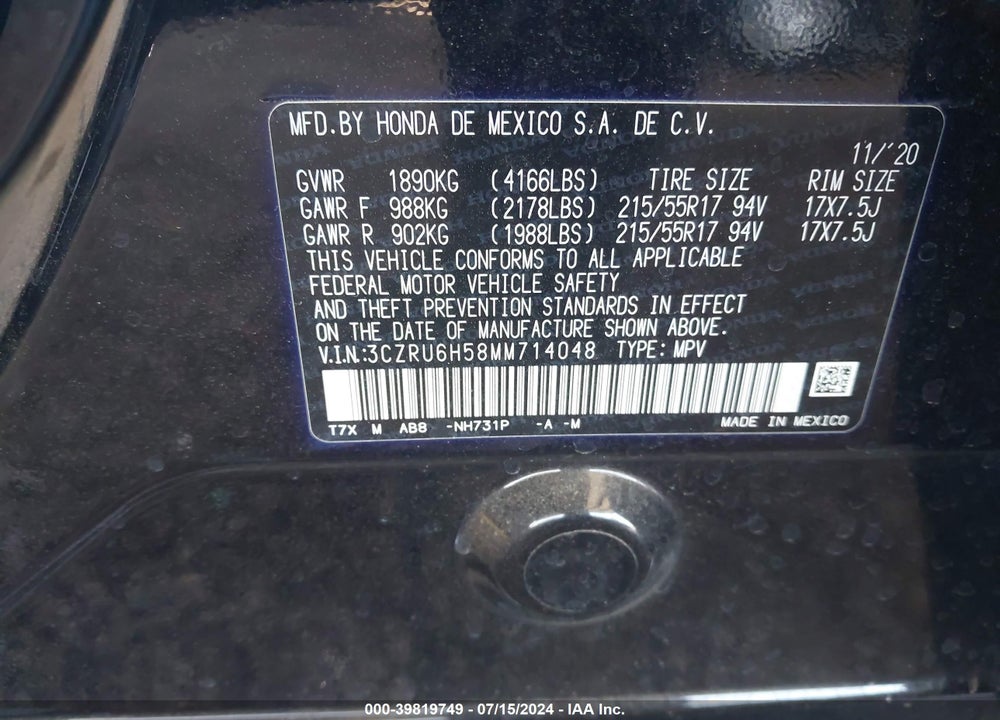 2021 HONDA HR-V VIN: 3CZRU6H58MM714048