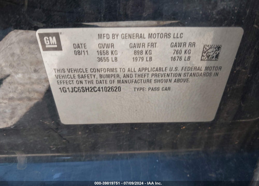 2012 CHEVROLET SONIC 2LT VIN: 1G1JC6SH2C4102620