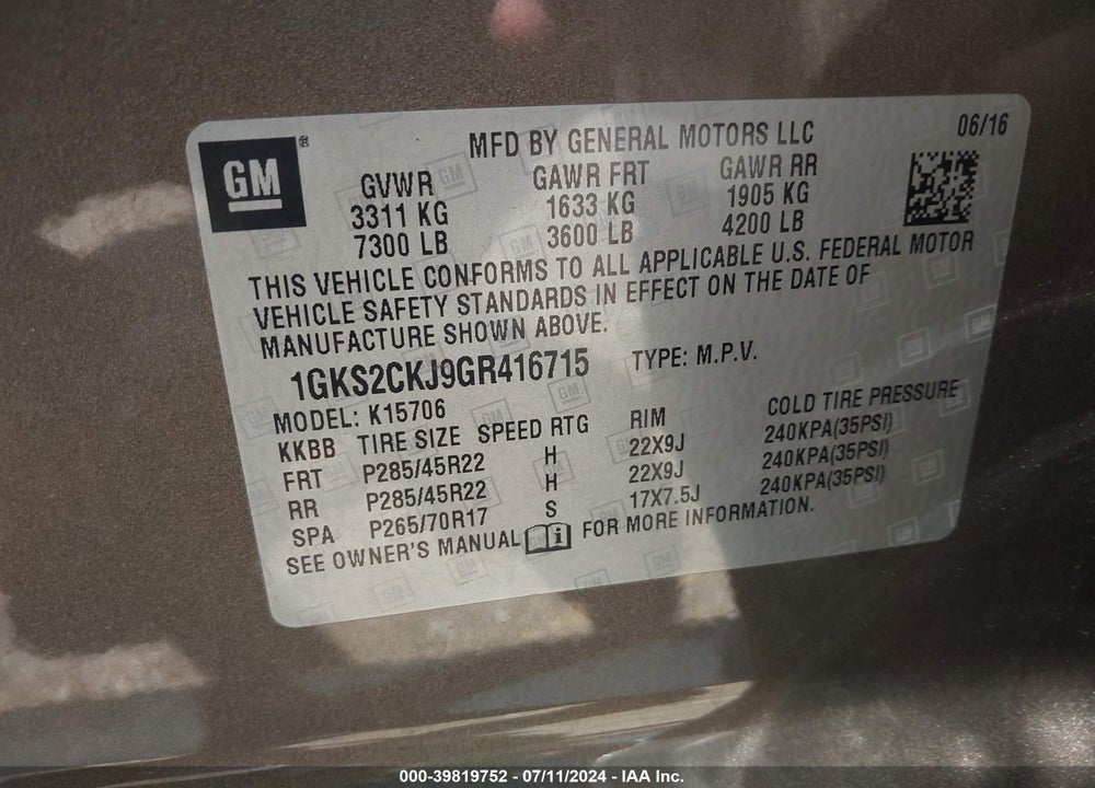 2016 GMC YUKON DENALI VIN: 1GKS2CKJ9GR416715