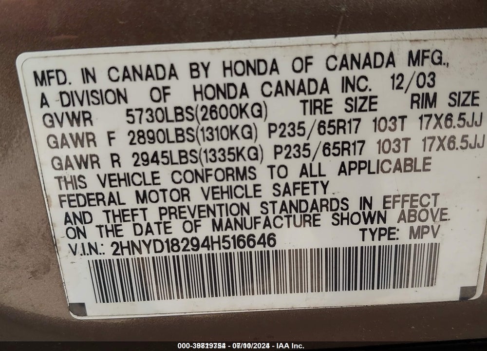 2004 ACURA MDX VIN: 2HNYD18294H516646