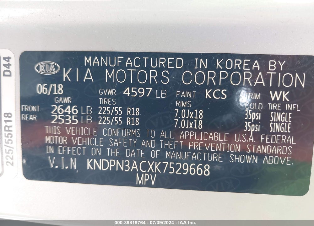 2019 KIA SPORTAGE EX VIN: KNDPN3ACXK7529668