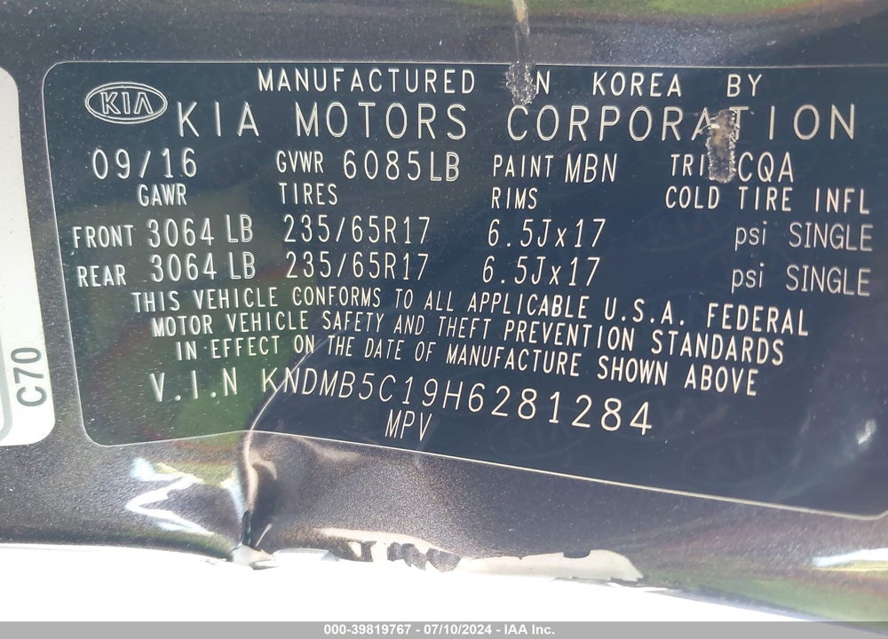 2017 KIA SEDONA LX VIN: KNDMB5C19H6281284