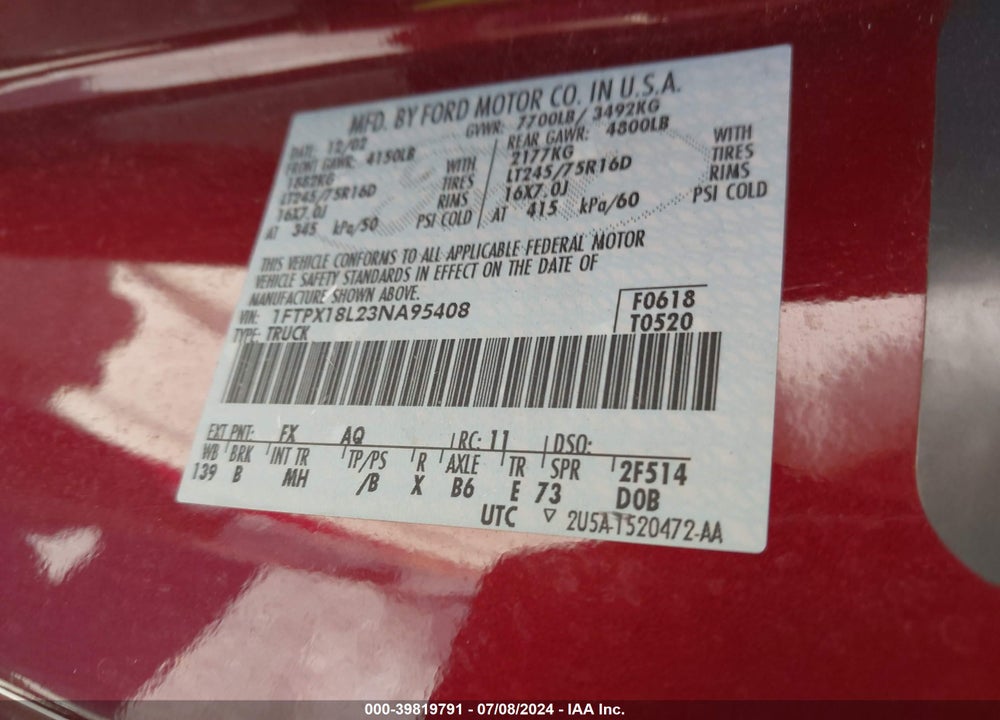 2003 FORD F-150 LARIAT/XL/XLT VIN: 1FTPX18L23NA95408