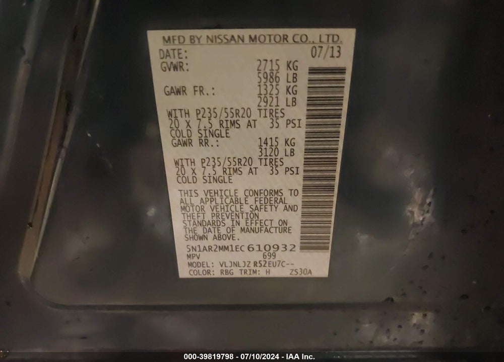 2014 NISSAN PATHFINDER PLATINUM VIN: 5N1AR2MM1EC610932