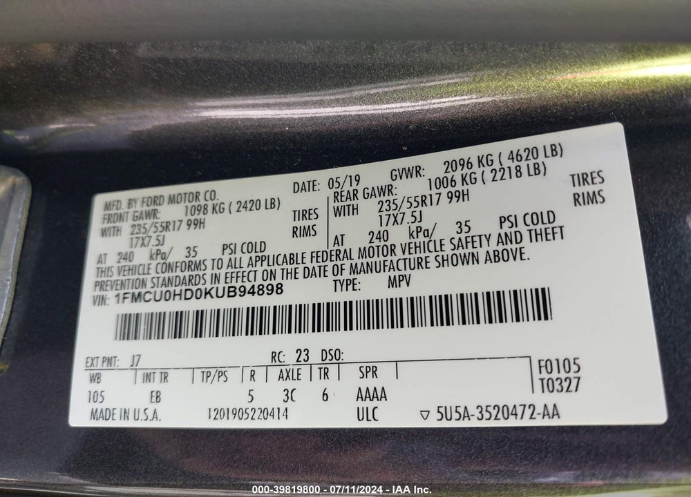 2019 FORD ESCAPE SEL VIN: 1FMCU0HD0KUB94898