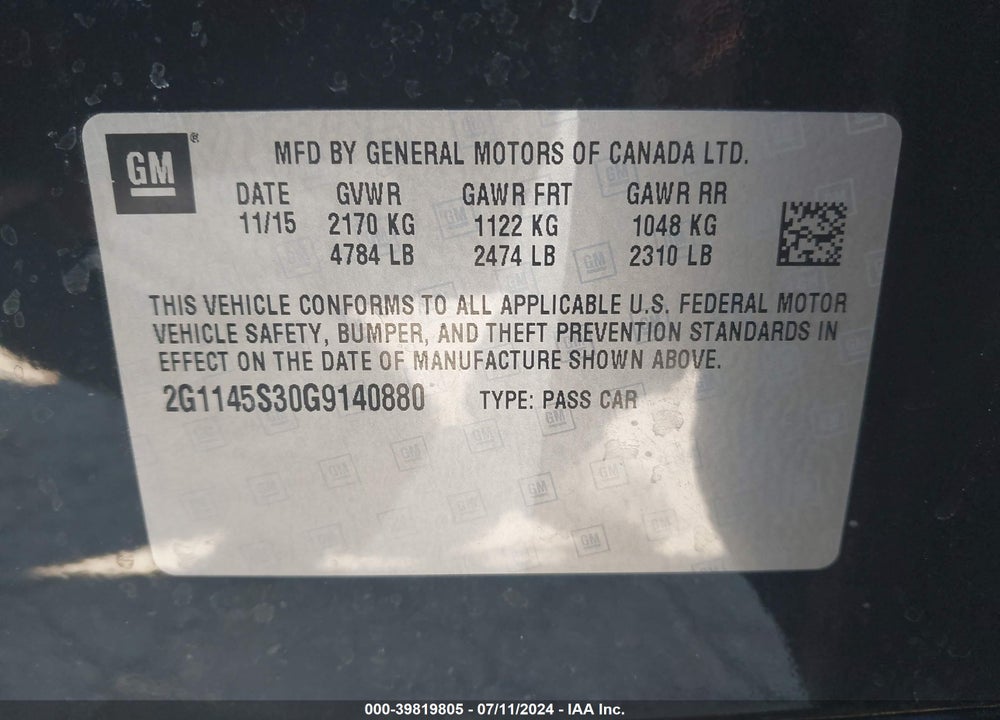 2016 CHEVROLET IMPALA 2LZ VIN: 2G1145S30G9140880