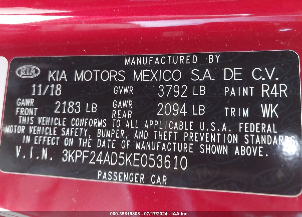 2019 KIA FORTE LXS VIN: 3KPF24AD5KE053610