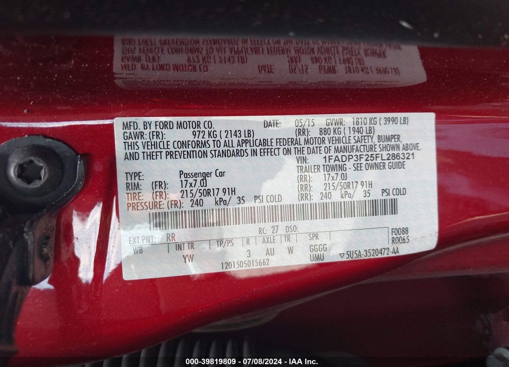 2015 FORD FOCUS SE VIN: 1FADP3F25FL286321