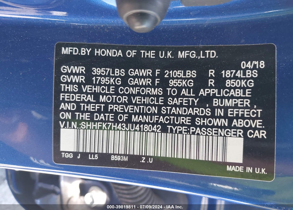 2018 HONDA CIVIC SPORT VIN: SHHFK7H43JU418042