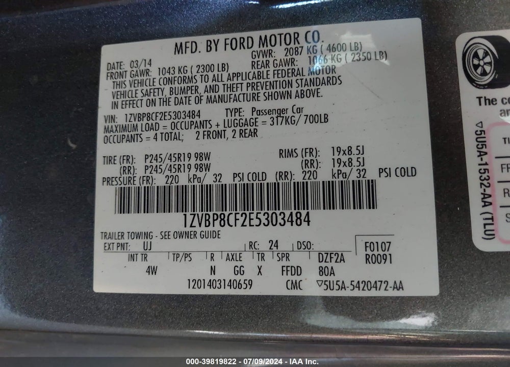 2014 FORD MUSTANG GT PREMIUM VIN: 1ZVBP8CF2E5303484