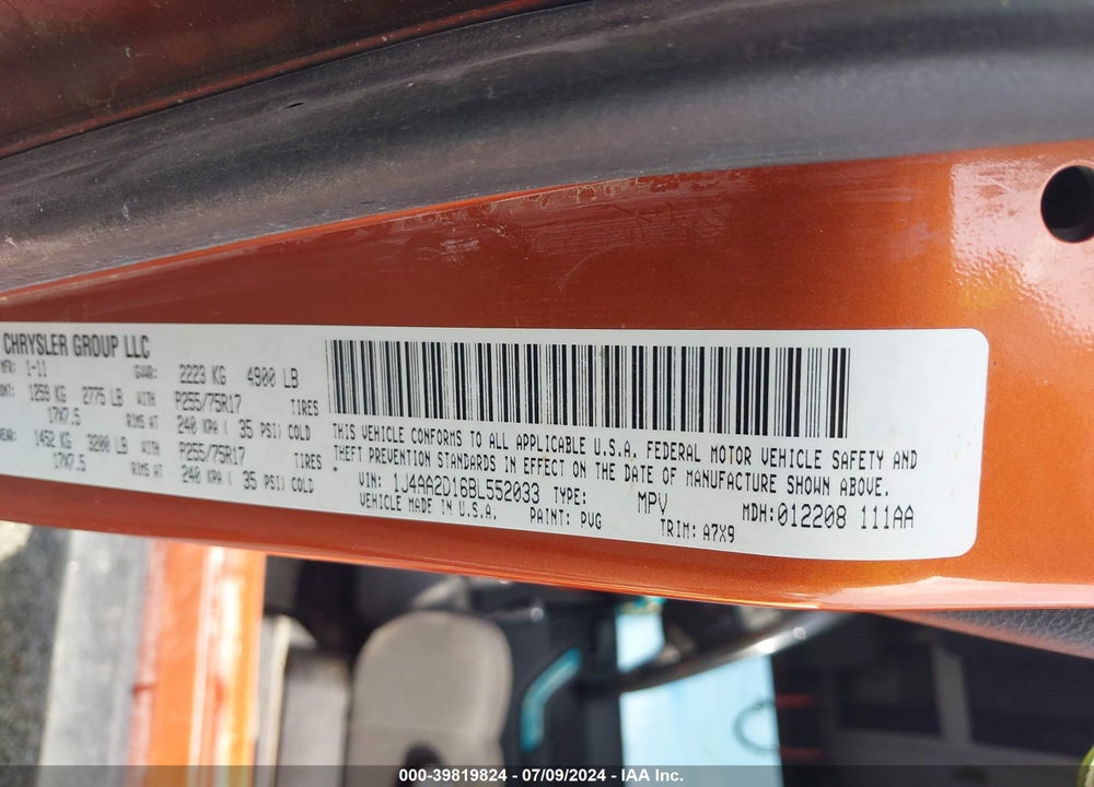 2011 JEEP WRANGLER SPORT VIN: 1J4AA2D16BL552033